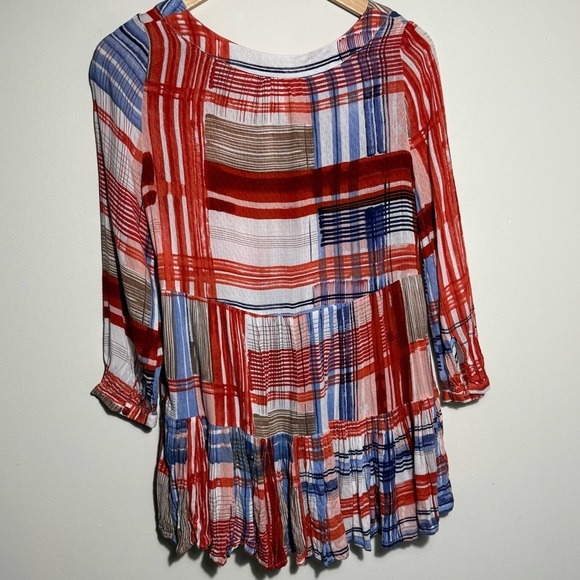 MAEVE ANTHROPOLOGIE RED BLUE PLAID FLOWY 3/4 Sleeve Blouse TUNIC TOP XS EUC - Picture 6 of 12